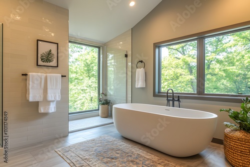 Contemporary bathroom with freestanding tub and glass wall