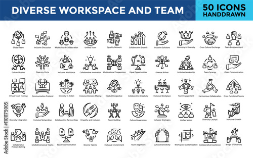 Diverse workspace and team icon set with global team, inclusive discussion, multicultural collaboration, unified team, equality network, collaborative growth icon. Simple handdrawn vector 
