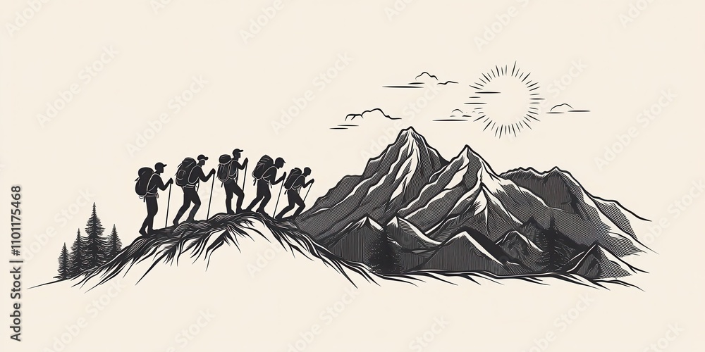 Obraz premium A group of hikers ascends a mountain ridge against a serene backdrop of peaks and a bright sun, symbolizing adventure and exploration.