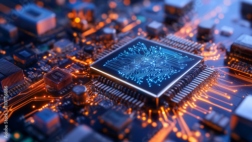 close up view of computer microchip with intricate circuitry and glowing connections, showcasing