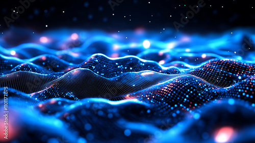 mesmerizing digital landscape with flowing waves of blue and red light, creating sense of depth and