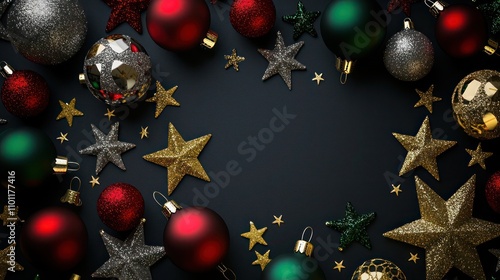 Chic Christmas banner featuring a dark black backdrop with shimmering gold and silver stars and baubles. Deep red and emerald green elements add festive pops of color, while forest green accents