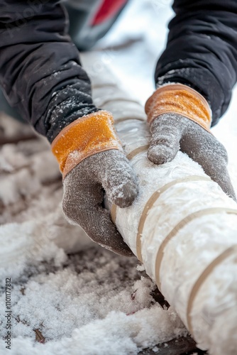 A person seals gaps around their window air conditioner to block the cold. They are winterizing their home