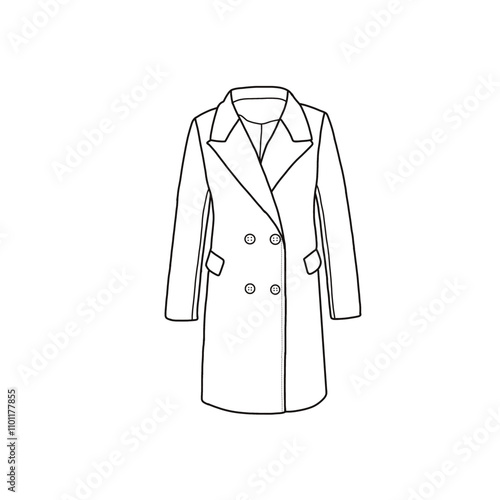 Women's winter lapel collar double-breasted long peacoat jacket illustration drawing template line art
