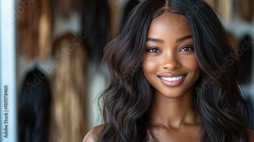 african american woman wearing a wavy wig standing in front of a backdrop displaying all kinds of beautiful wigs in a luxury boutique settin photo