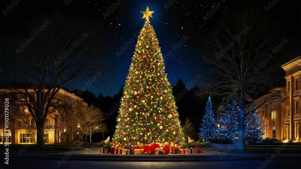 Naklejka premium christmas tree in the city at night