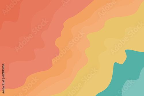 Aesthetic retro colors, vintage shades backdrop with organic wavy texture. Abstract yellow, orange, green waves background. Groovy stripes pattern texture. Nature curvy landscape with lights, shadows.