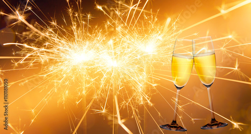 Silvester  mit Sekt und Feuerwerk