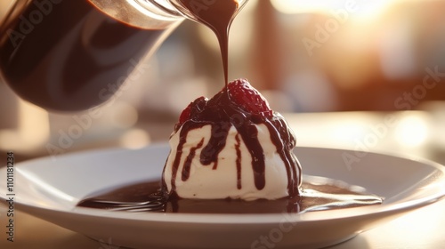 Decadent dessert drizzled with thick chocolate sauce and fresh raspberries photo