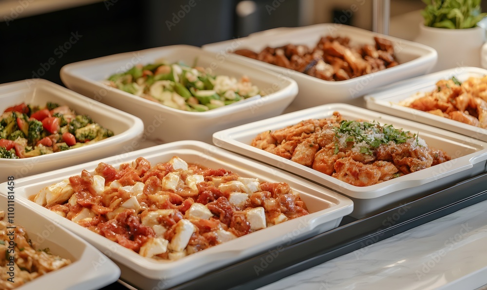 Buffet serving trays filled with variety of delicious food, Generative AI Buffet serving trays filled with variety of delicious food, Generative AI