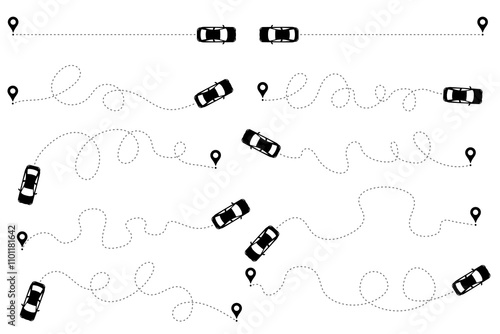 A collection of vector icons illustrating the driving route of a car with a starting point and a trajectory along a dotted line.