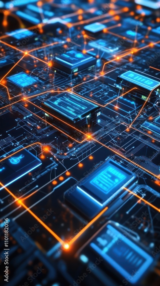Fototapeta premium A digital circuit board with interconnected components and glowing lines.