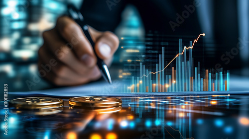 Anlageberater entwickelt eine Finanzstrategie für den Vermögensaufbau, Unternehmensberater zeigt eine Businessstrategie zur Optimierung von Umsatz und Gewinn auf, Dynamische Diagramme und Charts photo