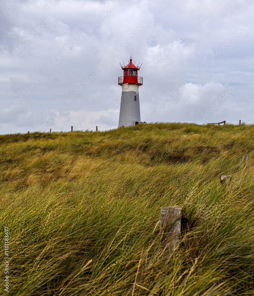 historical lighthouse in the beautiful nature at the elbow on Sylt