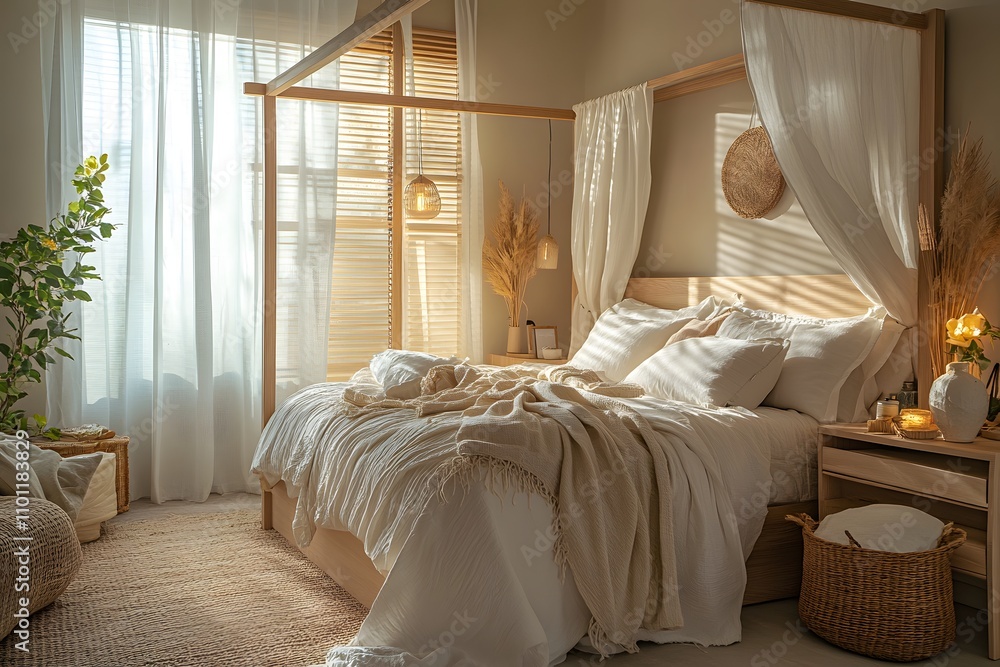 Cozy bedroom with canopy bed and soft lighting Cozy bedroom with canopy bed and soft lighting