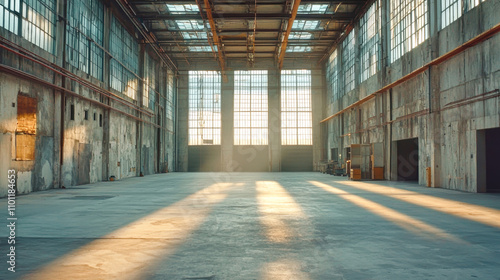 Wide angle view of a large empty warehouse interior with high ceilings and concrete floor, designed for modern industrial presentations photo