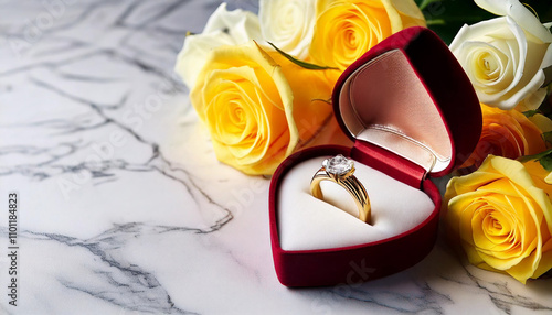 Un hermoso anillo de compromiso en una caja de joyería rodeada de rosas para el día de San Valentín. Bodas, amor, parejas photo