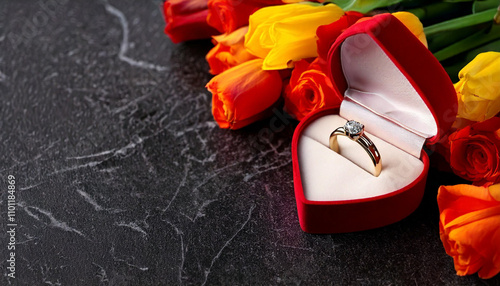 Un hermoso anillo de compromiso en una caja de joyería rodeada de rosas para el día de San Valentín. Bodas, amor, parejas photo