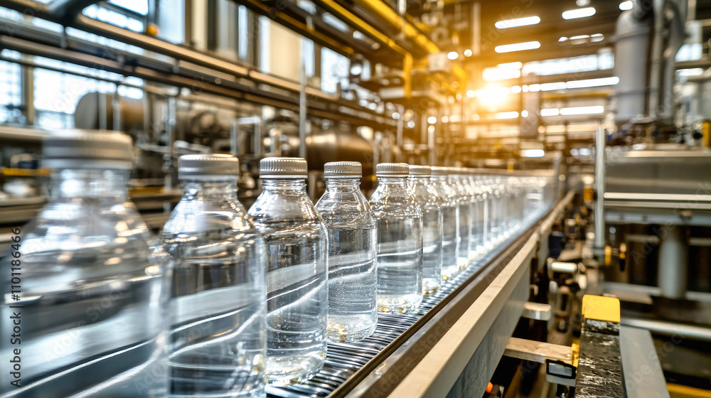 Naklejka premium Close-up of glass bottles filled with fresh milk on a conveyor belt in a modern dairy plant packaging line at sunset