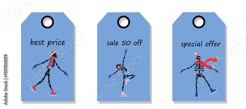 Set of discount price tags. Labels with cute skeleton characters is skating on ice, their bony figures gliding smoothly. Template for shopping tags. Christmas sale.