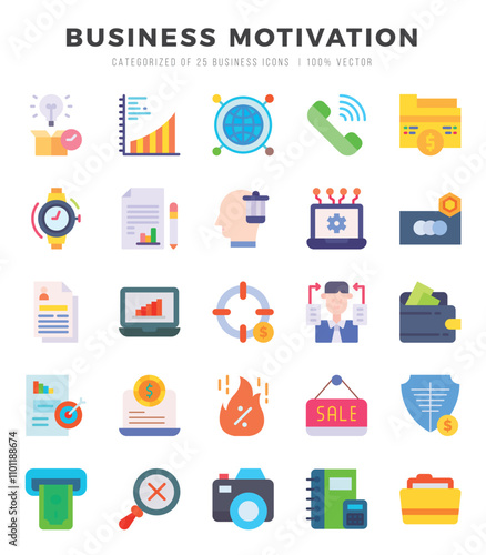 Collection of BUSINESS MOTIVATION 25 Flat Icons Pack.