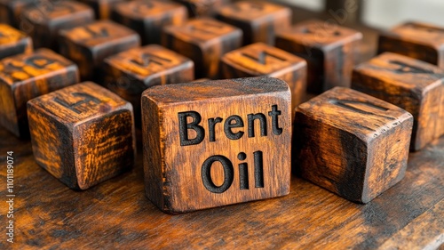 Brent oil wooden text blocks closeup on table business context rustic environment artistic viewpoint for financial insights