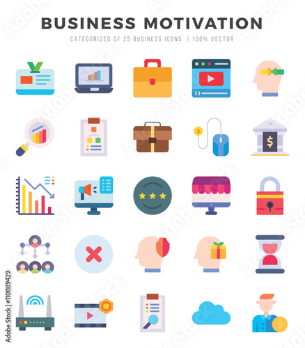 BUSINESS MOTIVATION Flat icons collection. 25 icon set. Vector illustration.