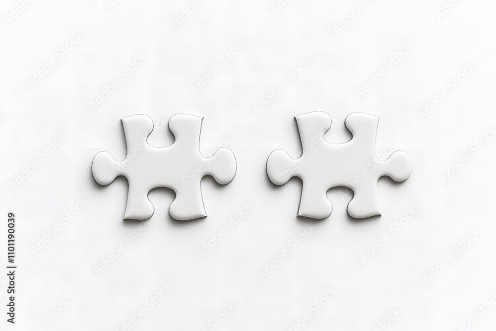Fototapeta premium Two simple puzzle pieces aligned on blank background, symbolizing connection and problem solving