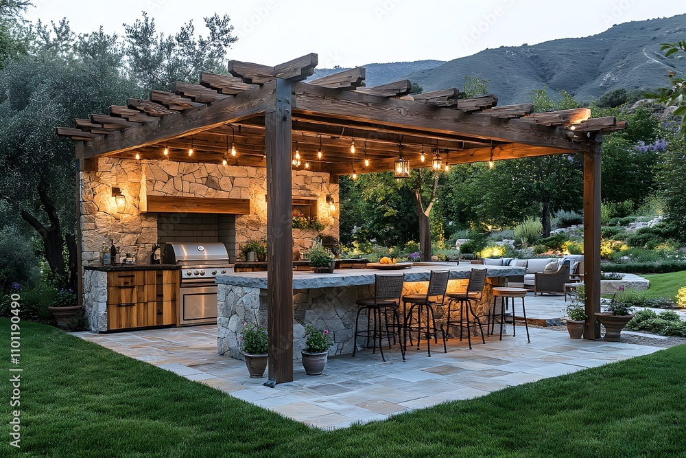 Rustic outdoor kitchen with timber framing and stone countertops and outdoor lighting Rustic outdoor kitchen with timber framing and stone countertops and outdoor lighting