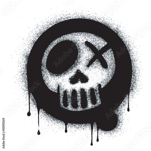 Spray Painted Graffiti skull icon Sprayed isolated with a white background. graffiti skull symbol with over spray in black over white.