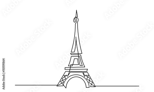 A single continuous line drawing of the Eiffel Tower landmark is a line art Landmark of Paris. The Eiffel Tower is isolated on a white background. It is a Hand-drawn vector illustration.
