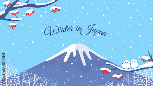 Winter in Japan background vector illustration. Beautiful Japan winter landscape with Shima enaga birds
