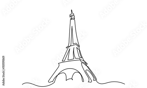 A single continuous line drawing of the Eiffel Tower landmark is a line art Landmark of Paris. The Eiffel Tower is isolated on a white background. It is a Hand-drawn vector illustration.
