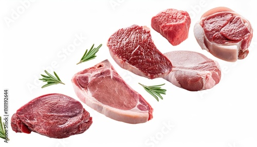 Assorted Raw Meat Isolated on White Background – Flying, Full Depth of Field