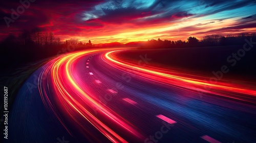 car speed lights glowing trail highway road line fast and long night exposure red lane blurred effect mountains and night sky abstract background with dynamic flashligh photo