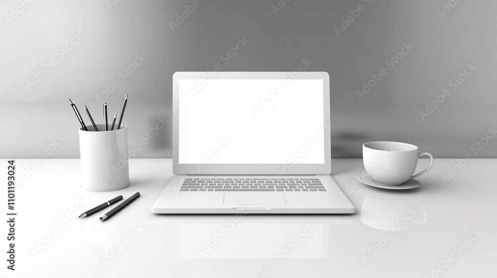 Fototapeta premium Modern Professional Workspace with Closed Laptop, Pen Stand, and Coffee Cup on Bright White Desk Surface | Clean and Fresh Office Photography