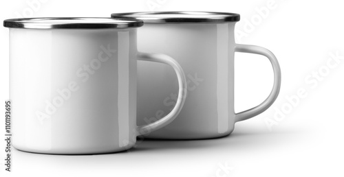 Mockup of two white enamel mug close-up, png photo