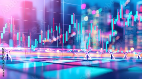 Candlestick Chart with Wind Turbines and Cityscape