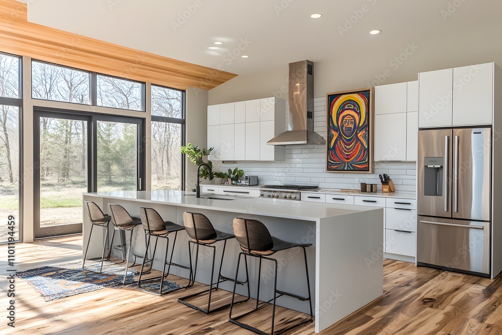 Fototapeta premium Modern kitchen with bold artwork and minimalist design