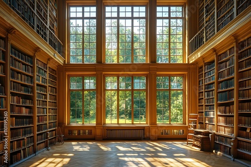 Quiet Library with Sunlight through Windows