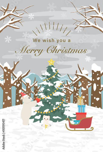 メリークリスマス　クリスマスツリーとしろくまとおこじょ