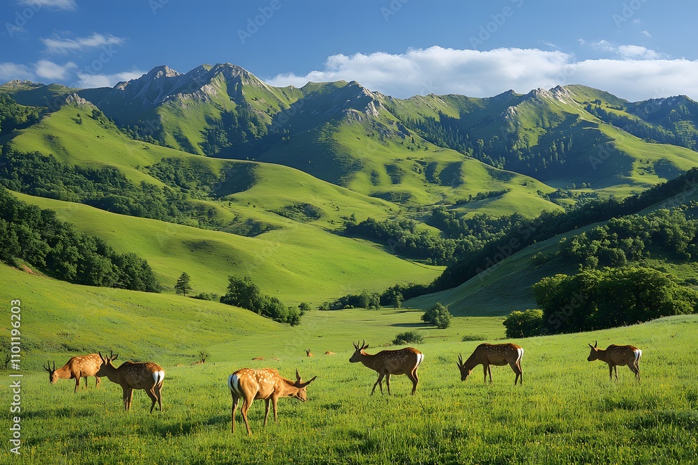 Fototapeta premium Peaceful Meadow with Grazing Deer