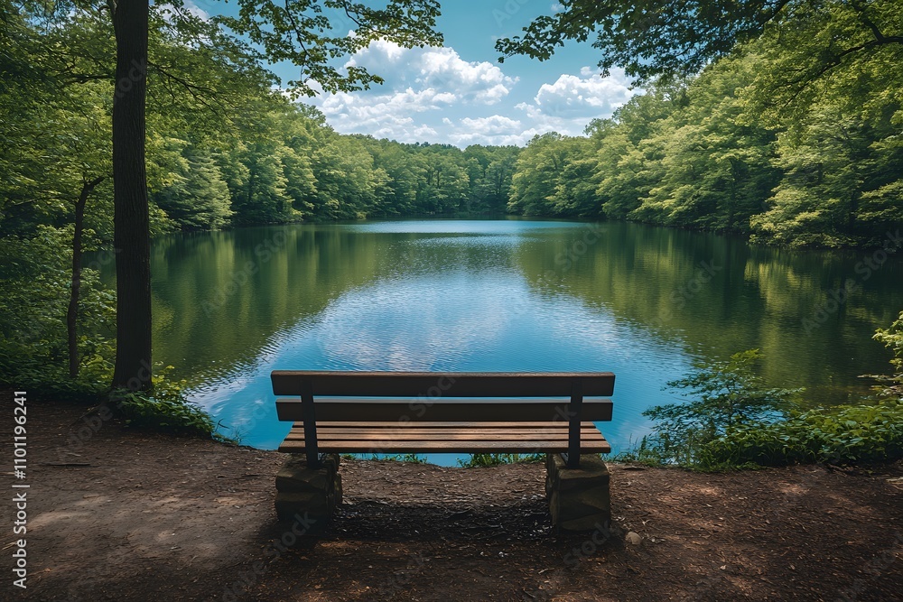 Obraz premium Empty Park Bench Overlooking a Lake