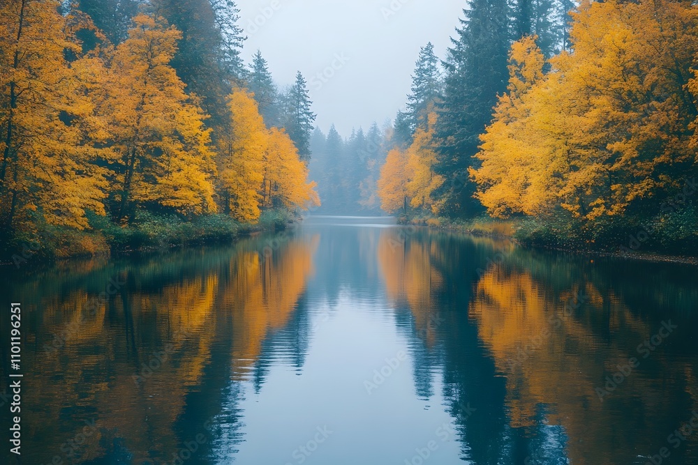 Obraz premium Calm River Reflecting Autumn Trees