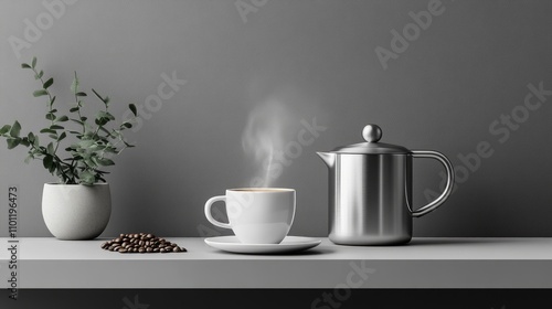 Wallpaper Mural A steaming cup of coffee beside a kettle and coffee beans, with a plant in a pot. Torontodigital.ca