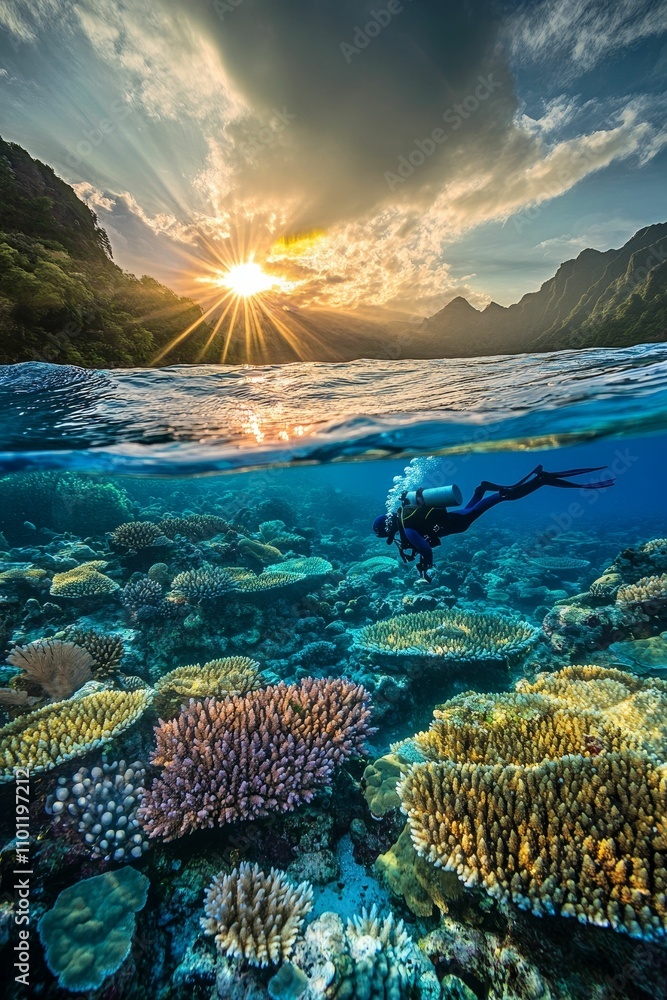 Fototapeta premium Diver explores vibrant coral reef at sunset.