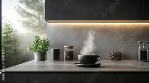 Wallpaper Mural A steaming cup of coffee on a modern kitchen countertop with greenery and jars. Torontodigital.ca