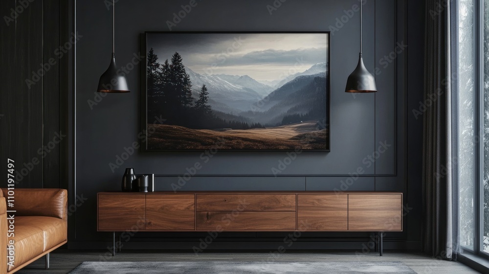 Fototapeta premium Modern Living Room with Mountain Landscape Artwork