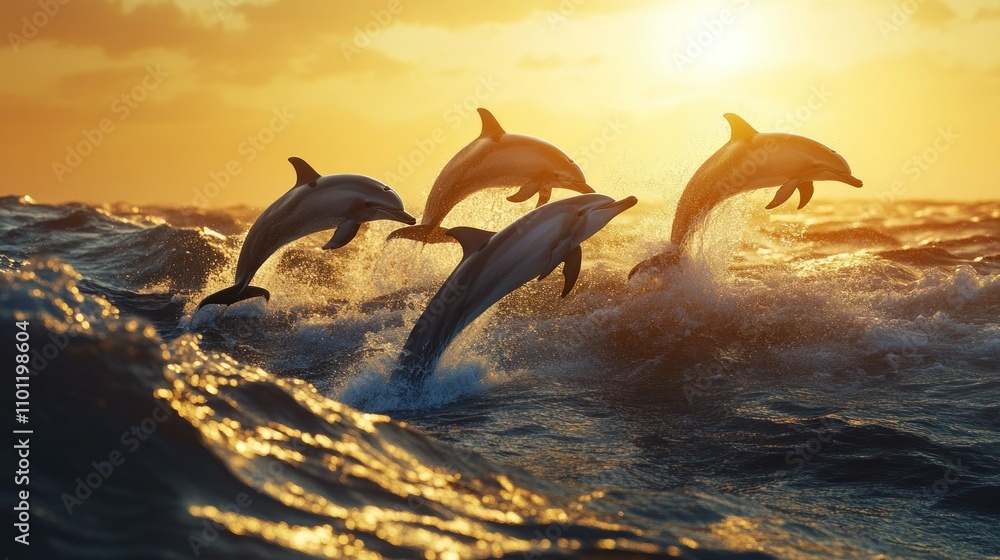 Fototapeta premium A group of dolphins leaping gracefully out of the ocean waves