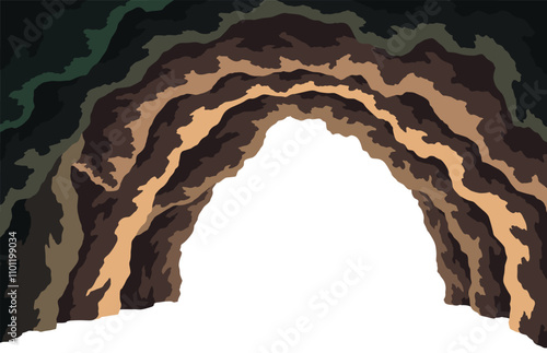 Cave landscape. Underground rocky cave. View through entrance. Exit from cave. Vector cartoon illustration of empty stone cavern. Old grotto inside
